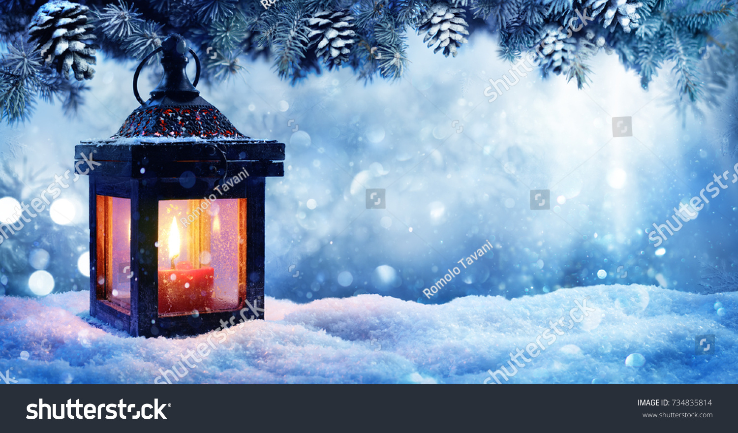 Christmas Lantern On Snow With Fir Branch In Evening Scene #734835814
