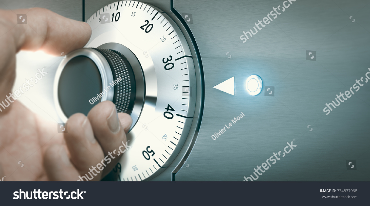 Close up of a hand unlocking a safe deposit box by turning a knob with numbers. Composite image between a hand photography and a 3D background. #734837968