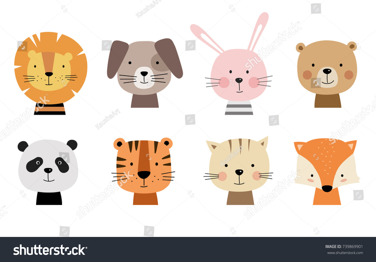 Cartoon cute animals for baby card and invitation. Vector illustration. Lion, dog, bunny, bear, panda, tiger, cat, fox. #739869901