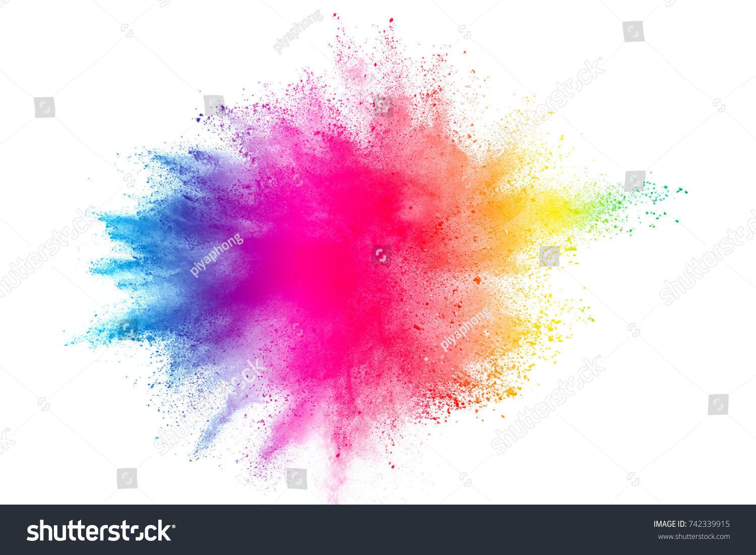 Freeze motion of colored powder explosions isolated on white background #742339915