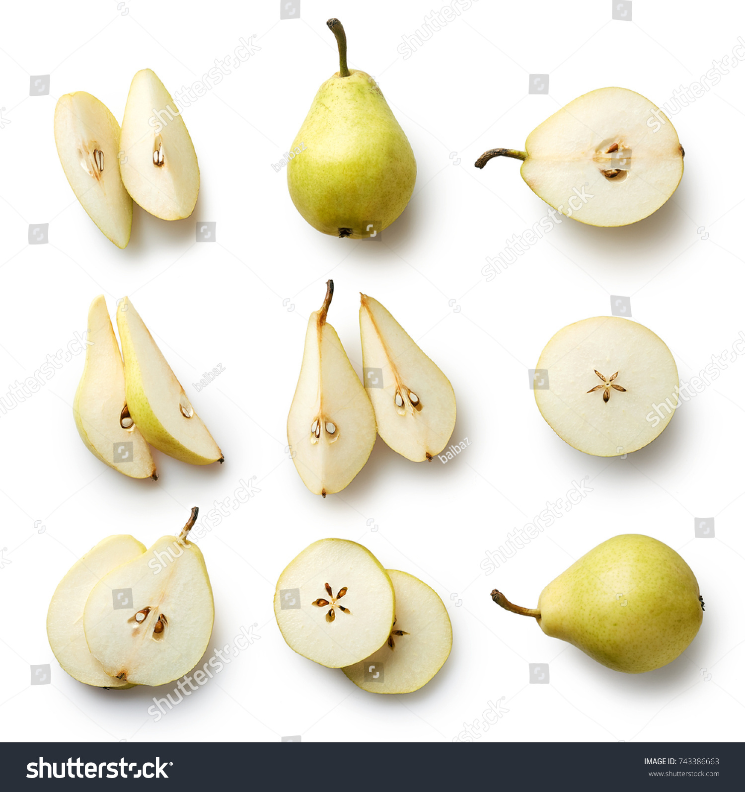 Set of fresh whole and cut pear and slices isolated on white background. From top view #743386663