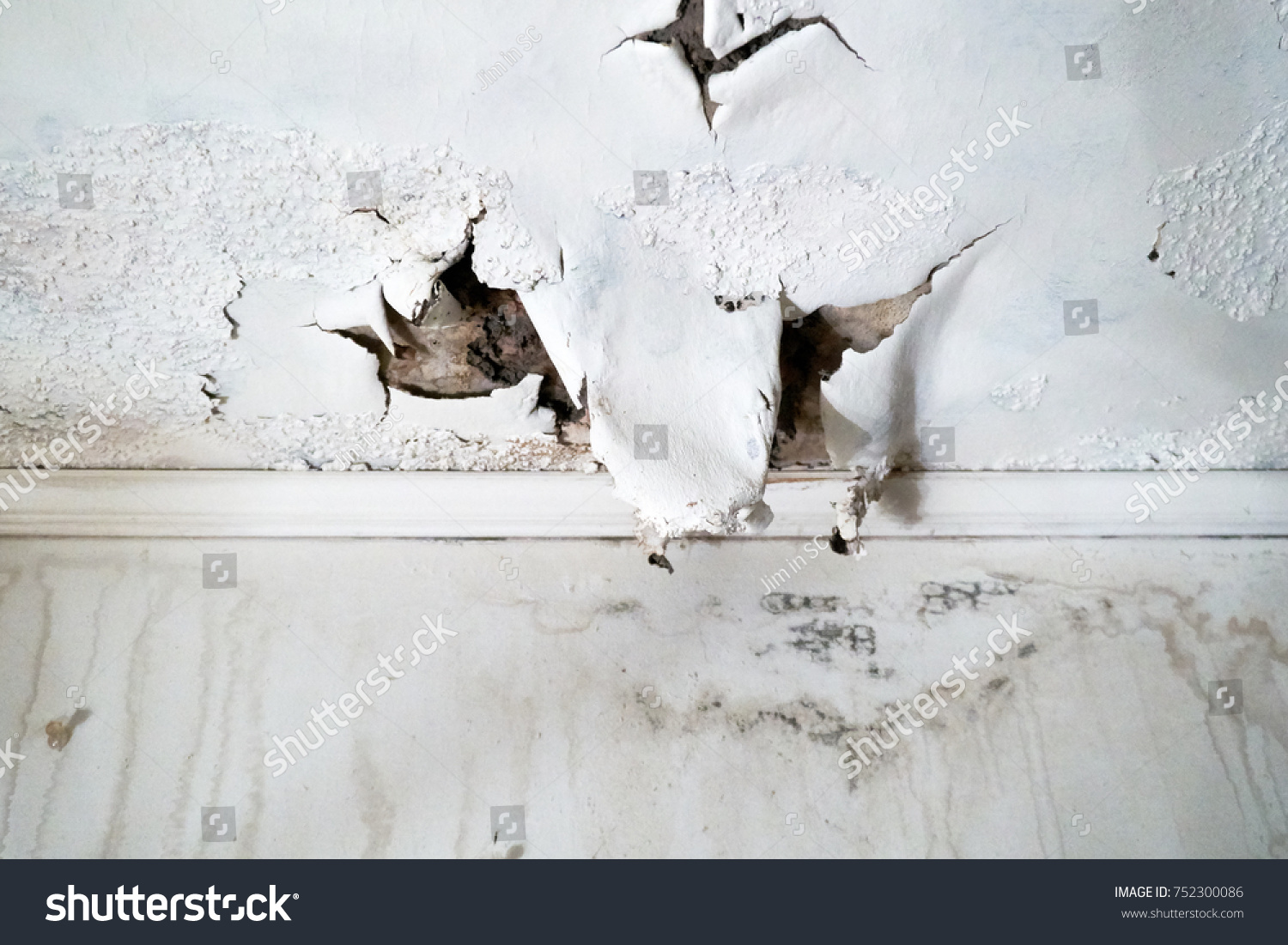 Ceiling and wall with rain damage due to violent weather and roof damage                                #752300086