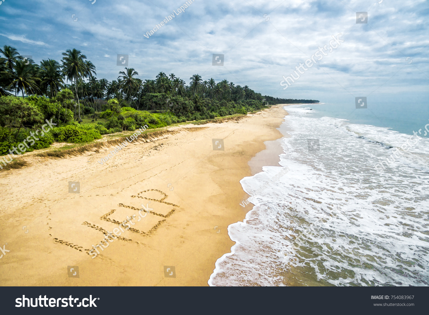 Deserted beach of uninhabited tropical island, sand with inscription HELP, lost in sea calls for help. Aerial view of empty ocean island shore with palms. Shipwreck, sos, island and castaway theme. #754083967