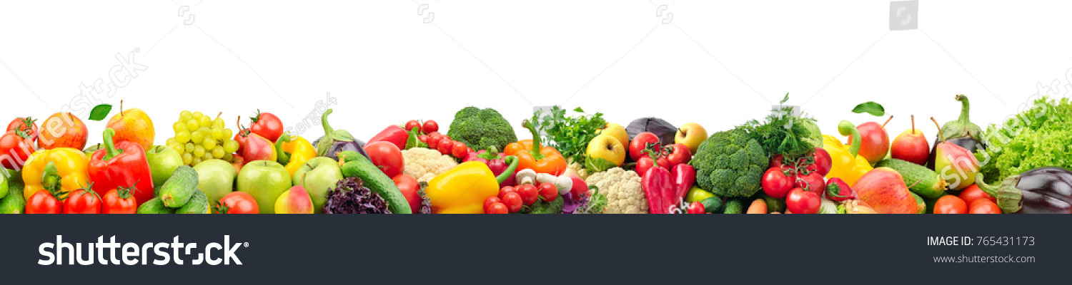 Wide collage of fresh fruits and vegetables for layout isolated on white background. Copy space #765431173