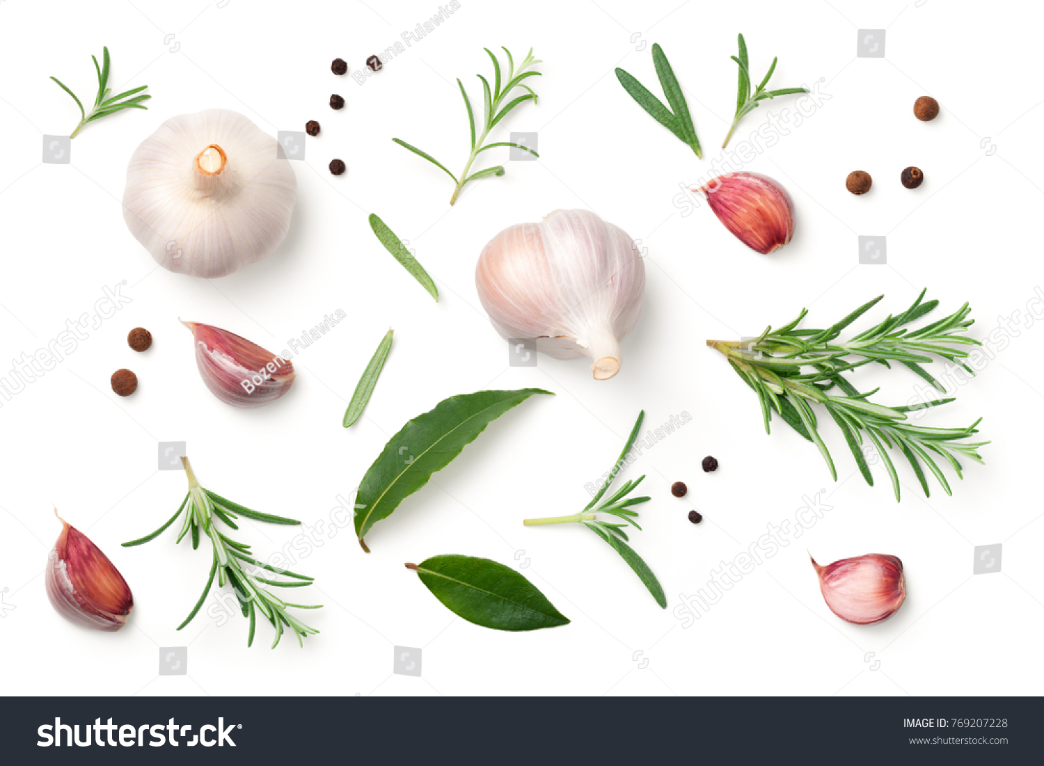 Garlic, rosemary, bay leaves, allspice and pepper isolated on white background. Flat lay. Top view  #769207228