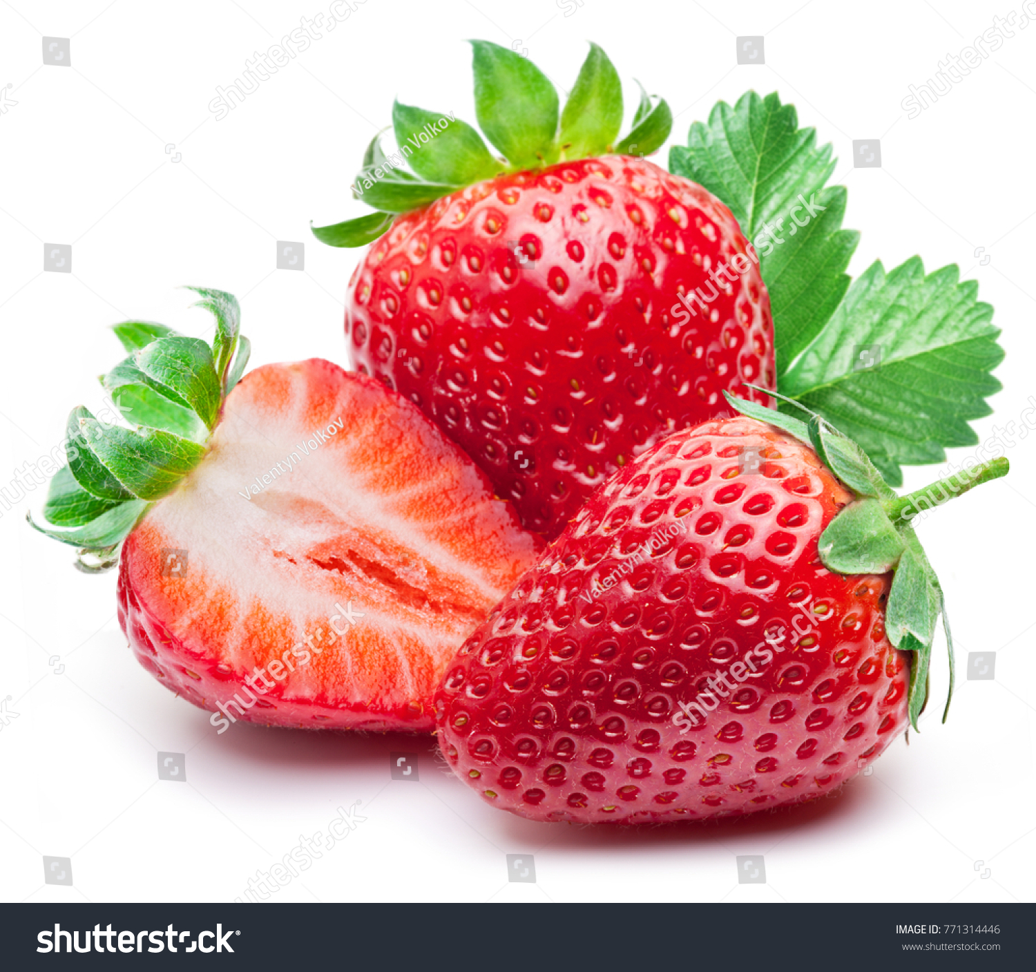 Three strawberries with strawberry leaf on white background. #771314446