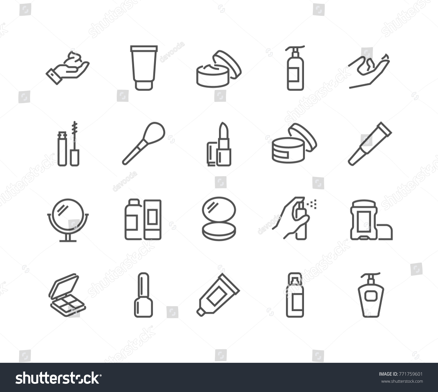 Simple Set of Cosmetics Related Vector Line Icons. 
Contains such Icons as Cream Bottle, Lipstick, Makeup Brush and more.
Editable Stroke. 48x48 Pixel Perfect. #771759601