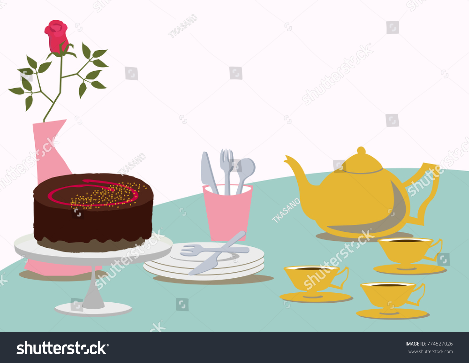 Image of Valentine's Day. Chocolate cake. Image of tea time.
Tea time table set. #774527026