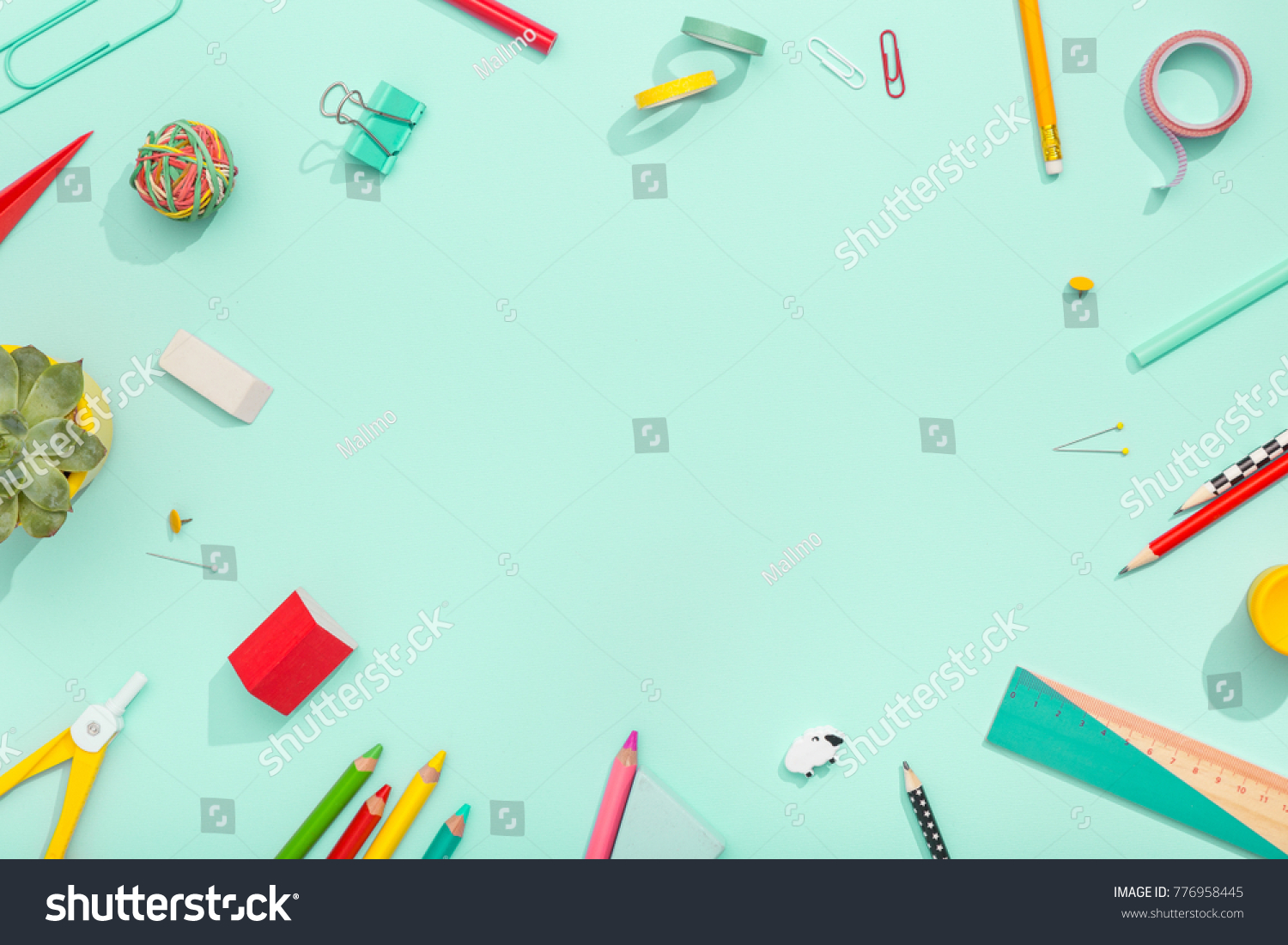 notebook, note, pen, paper clip, on pastel green background. Office desk with copy space. Flat lay. #776958445