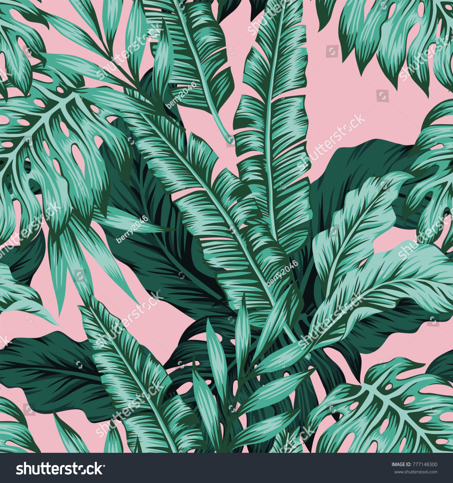 Tropical vector green leaves seamless pattern pink background. Exotic wallpaper #777148300