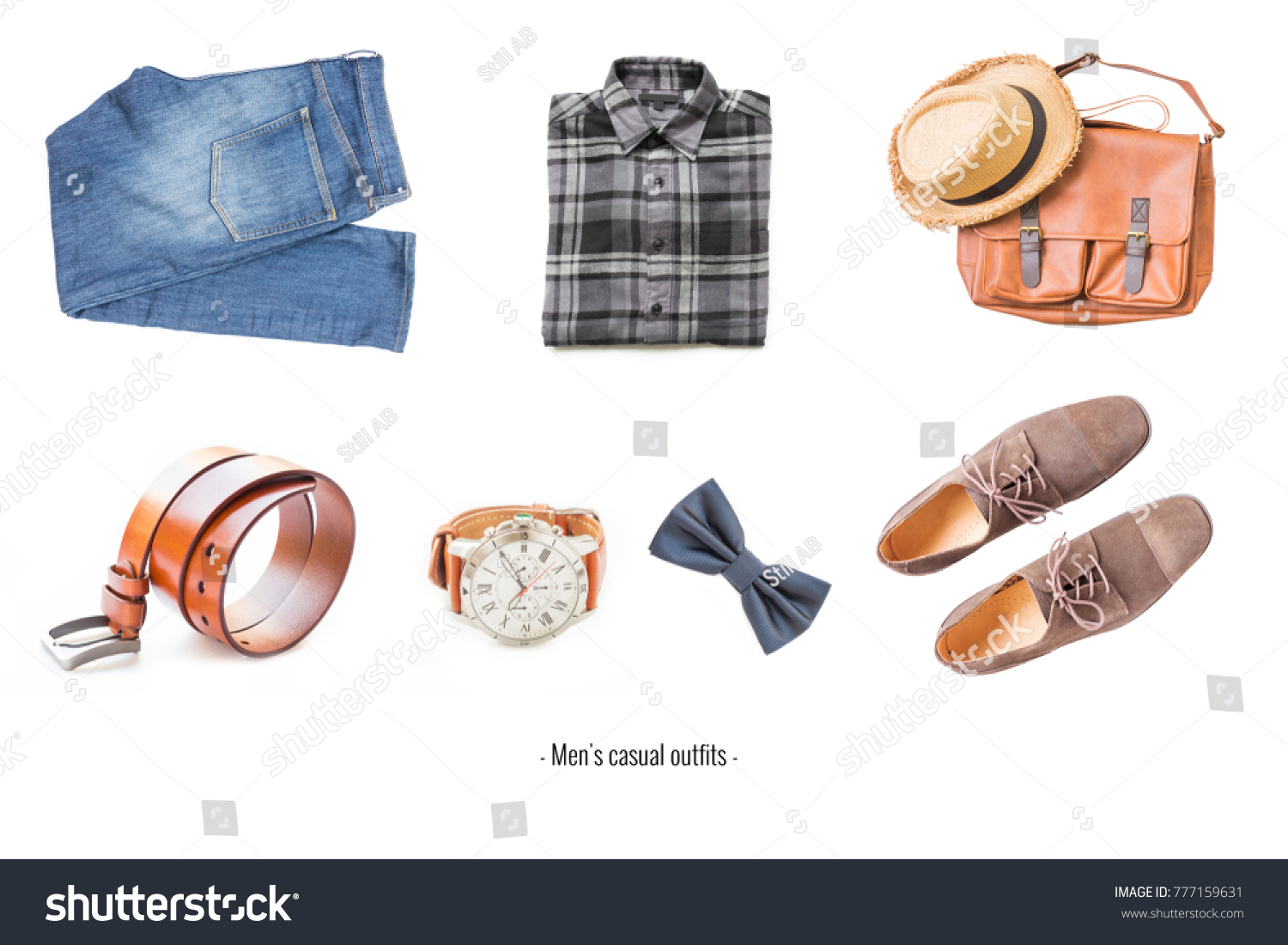 Men's casual outfits with accessories items on white background, fashion and beauty concept #777159631