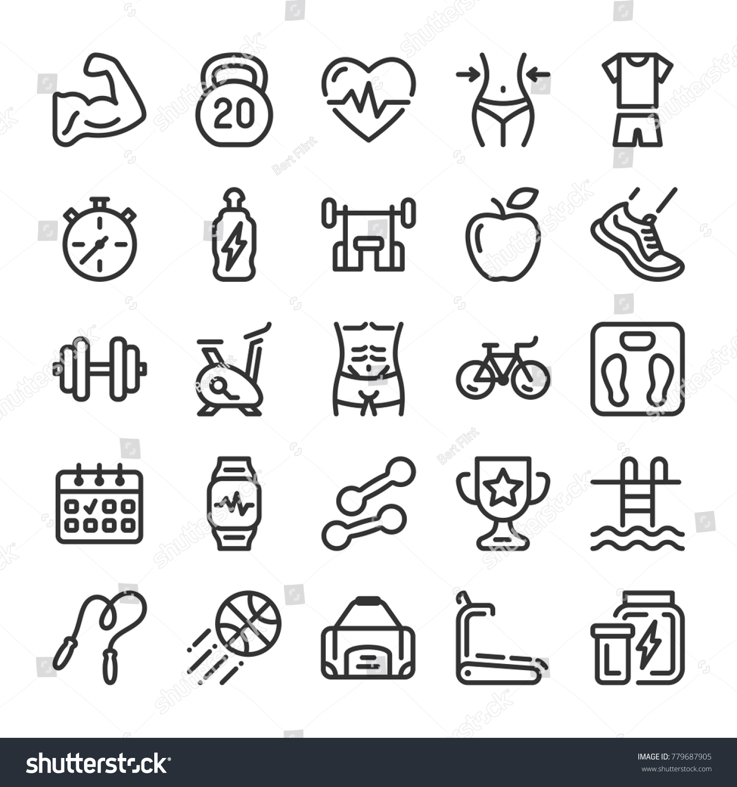 Fitness and sport icons set. Healthy lifestyle symbols. Line style #779687905