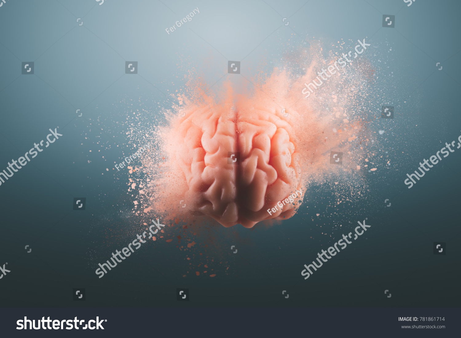 Human brain floating on a gray background. mind blown concept #781861714
