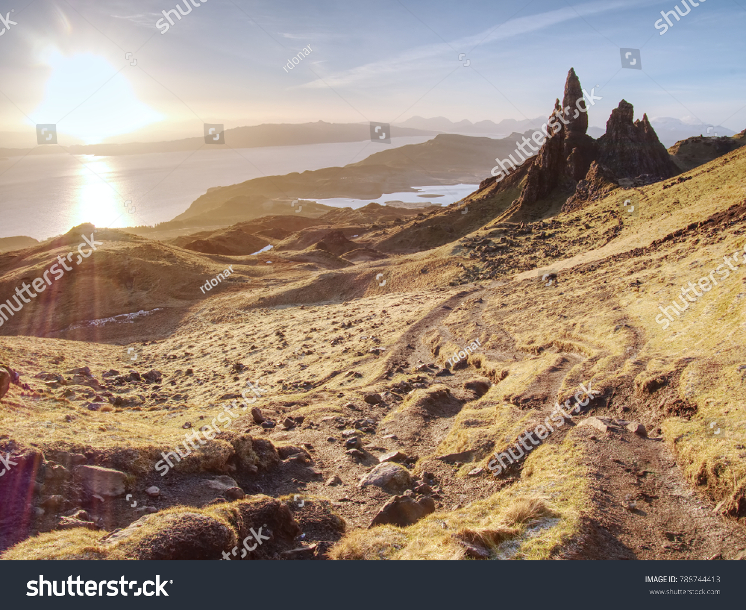 Famous exposed rocks Old Man of Storr, north hill in the Isle of Skye island of Highlands in Scotland.  #788744413