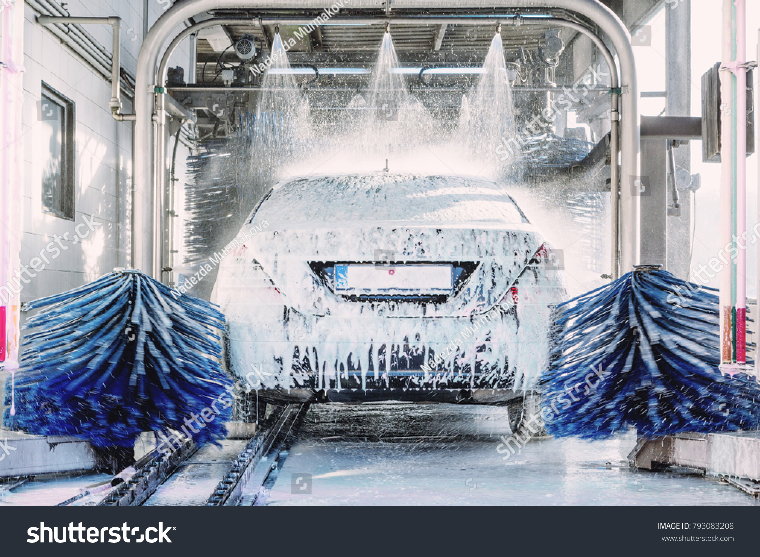 detail view on car wash, car wash foam water, Automatic car wash in action #793083208