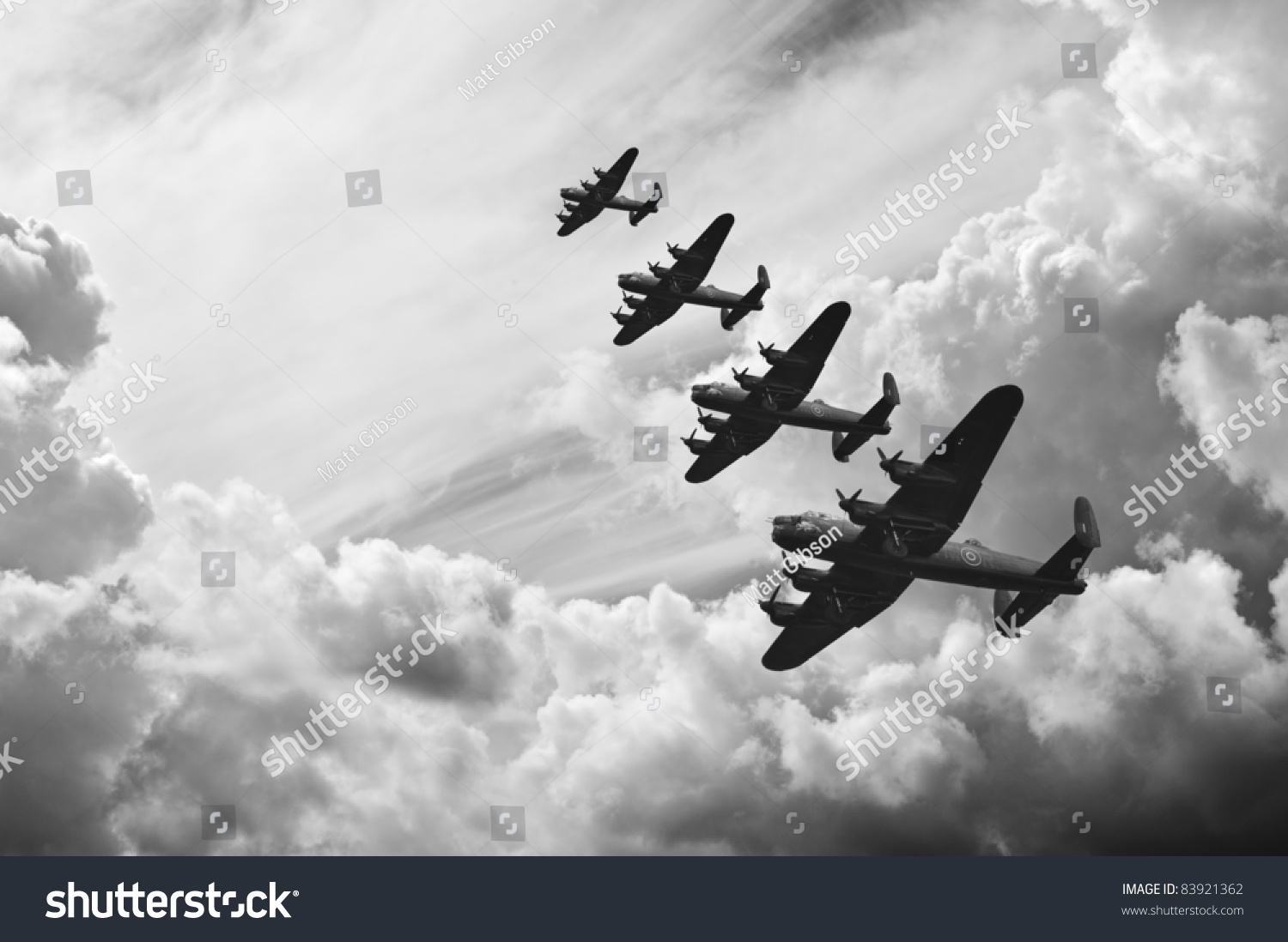 Black and white retro image of Lancaster bombers from Battle of Britain in World War Two #83921362