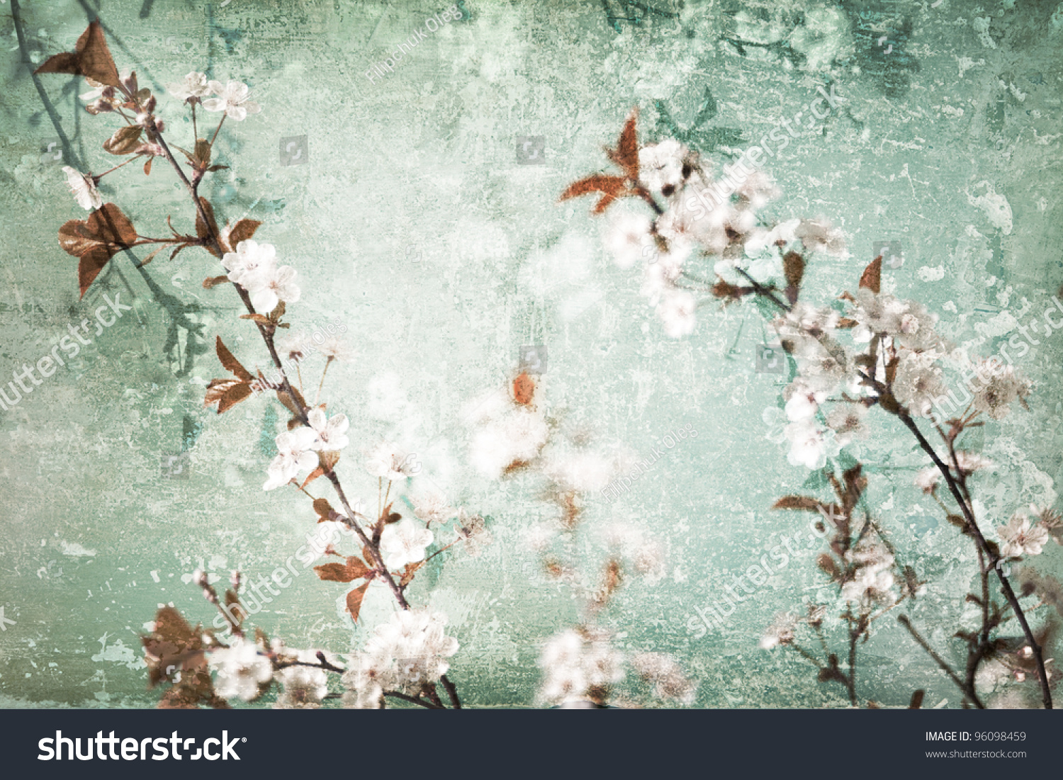 Grunge floral scratched textured background with flowers blossom #96098459