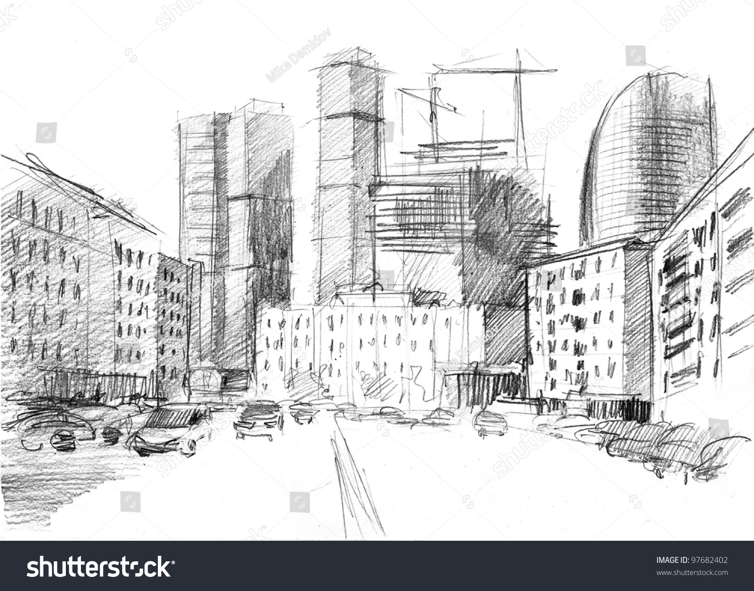 hand drawn of a big city with a modern skyscrapers #97682402