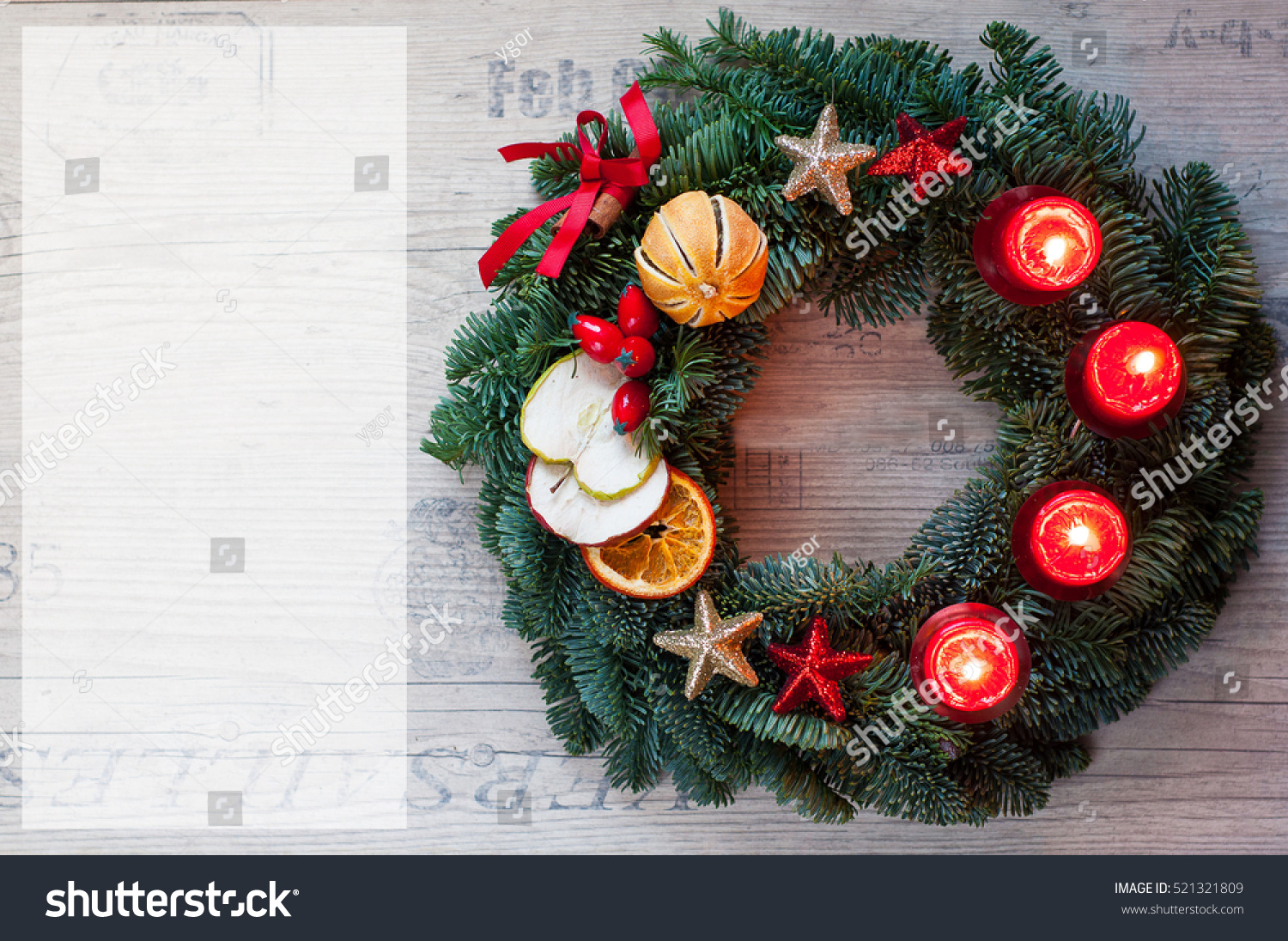 Advent Wreath On Wooden Background Stock Photo (Edit Now) 521321809