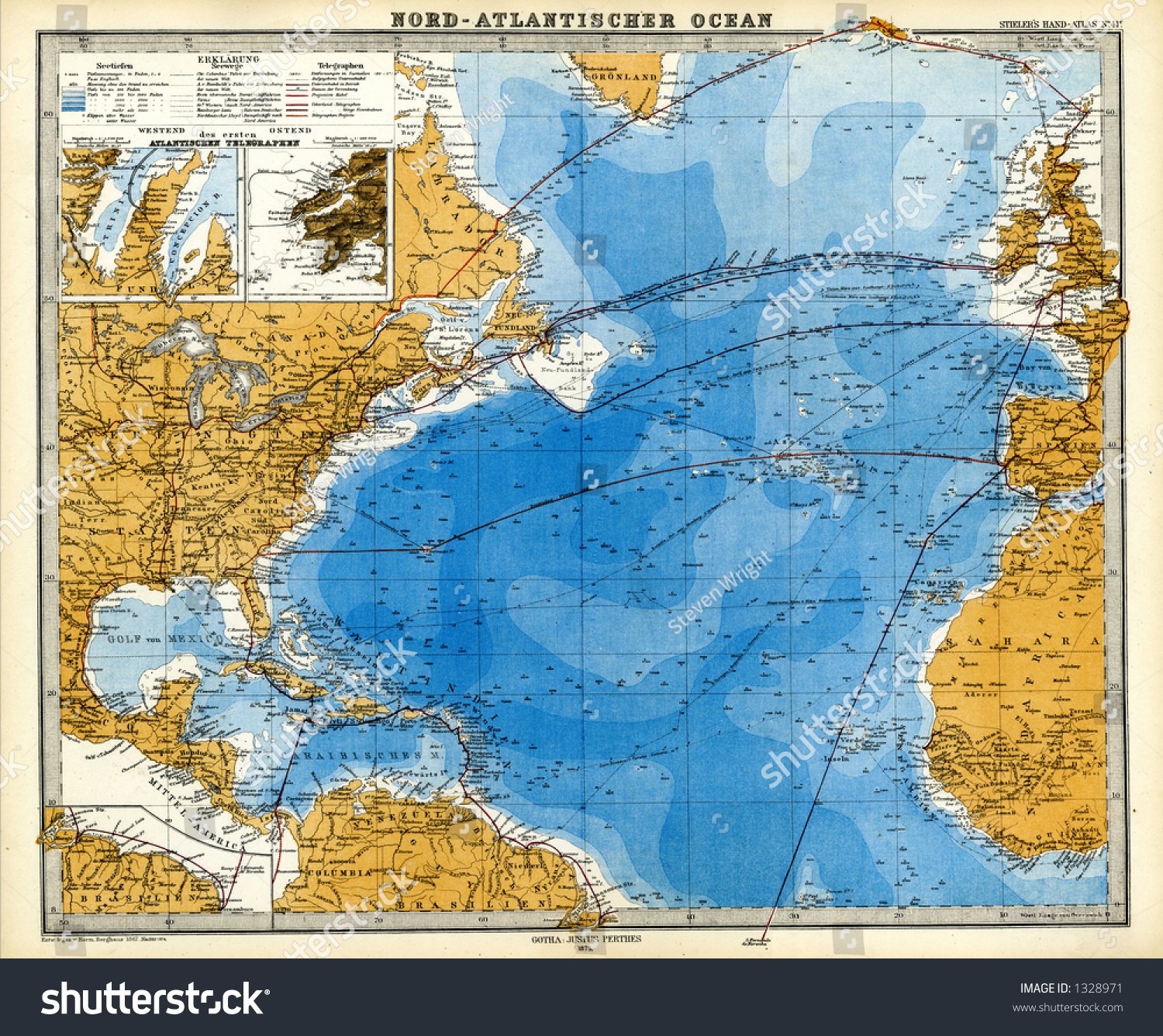 1872 Antique Map Of North Atlantic Telegraph Lines Stieler Stock Photo ...