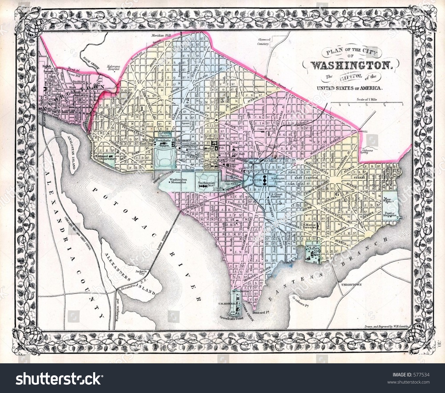 1870 Antique Map Washington Dc Stock Photo 577534 : Shutterstock