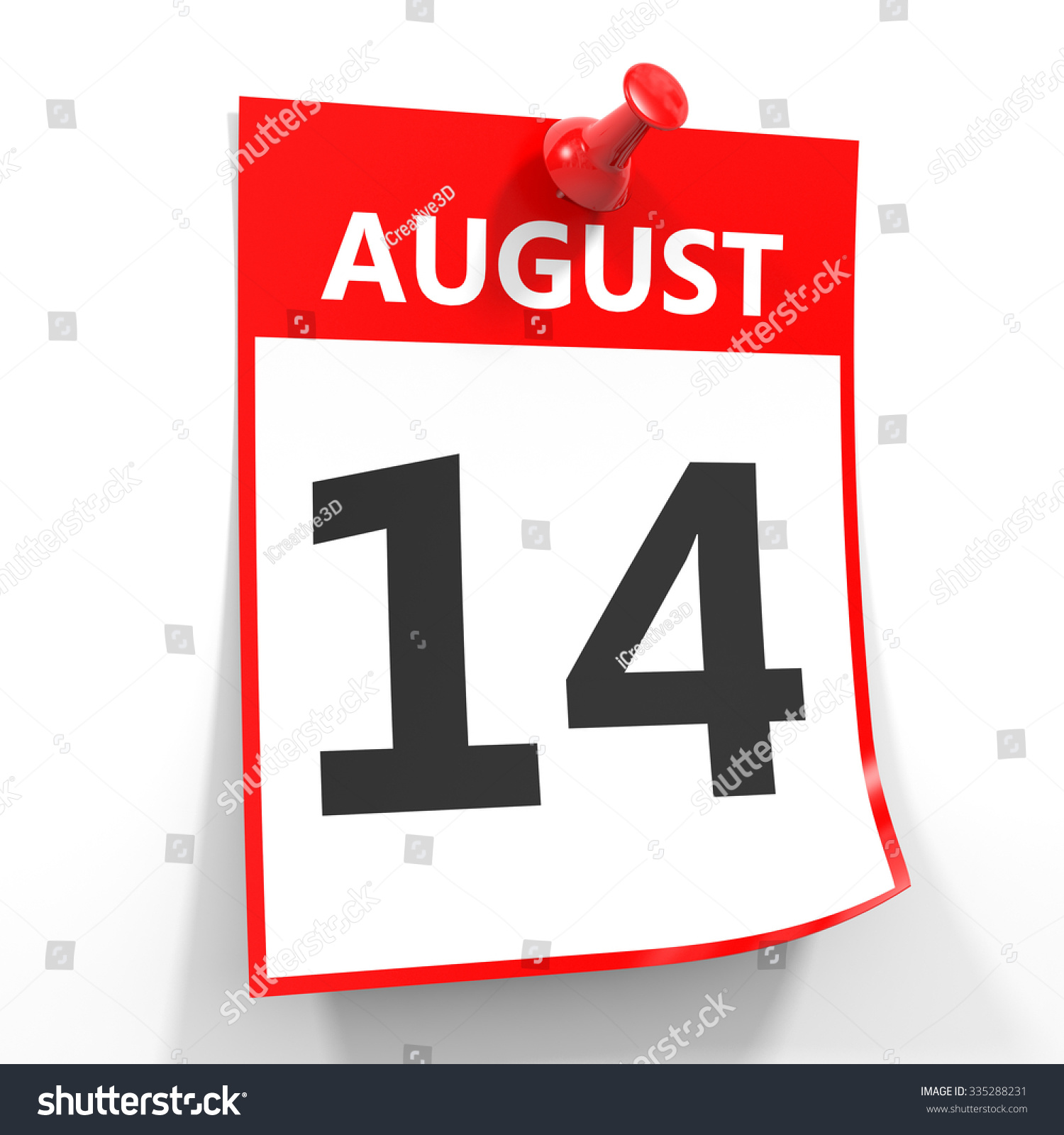 14 August Calendar Sheet With Red Pin On White Background. Illustration ...