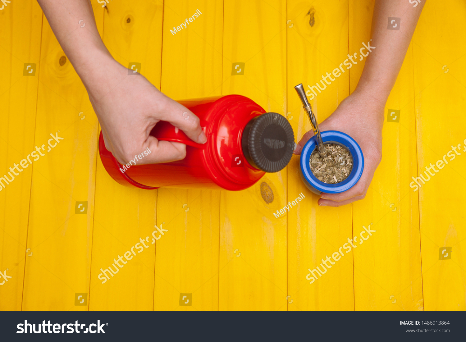 Blue Matte Red Thermos Yellow Wooden Food And Drink Stock Image 1486913864