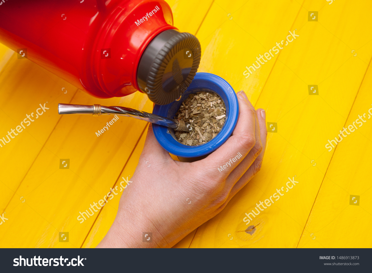 Download Blue Matte Red Thermos Yellow Wooden Stock Photo Edit Now 1486913873 PSD Mockup Templates
