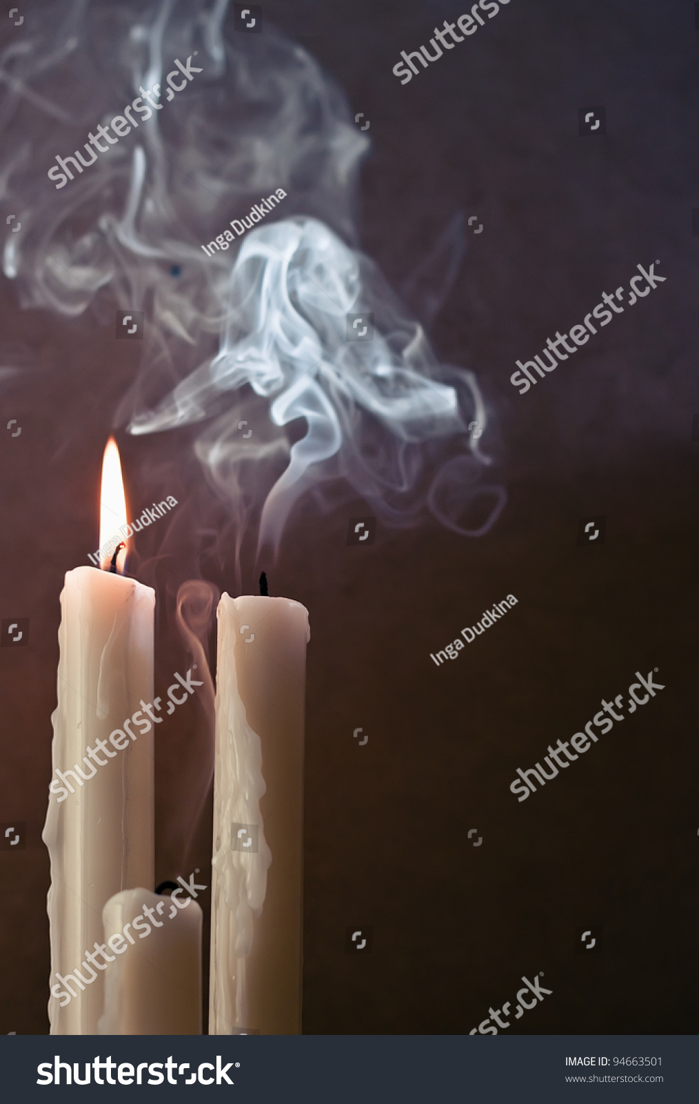 Burning Candle And Two Extinguished Candles Stock Photo 94663501 ...