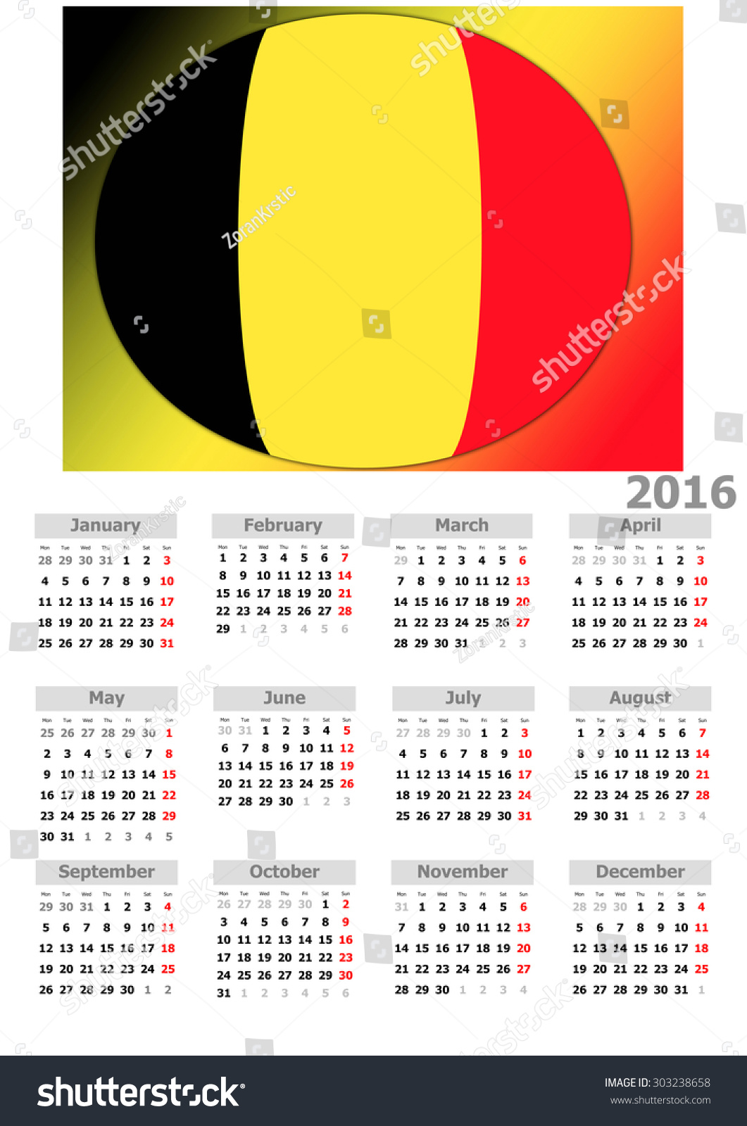 2016 Calendar - Belgium Country Flag Stock Photo 303238658 : Shutterstock