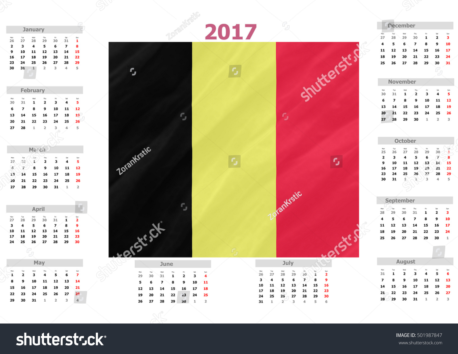 2017 Calendar - Belgium Country Flag Stock Photo 501987847 : Shutterstock