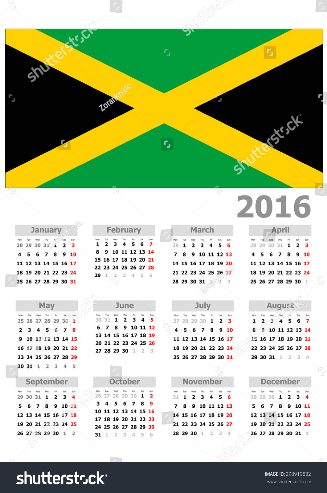 2016 Calendar Jamaica Country Flag Stock Illustration 298919882