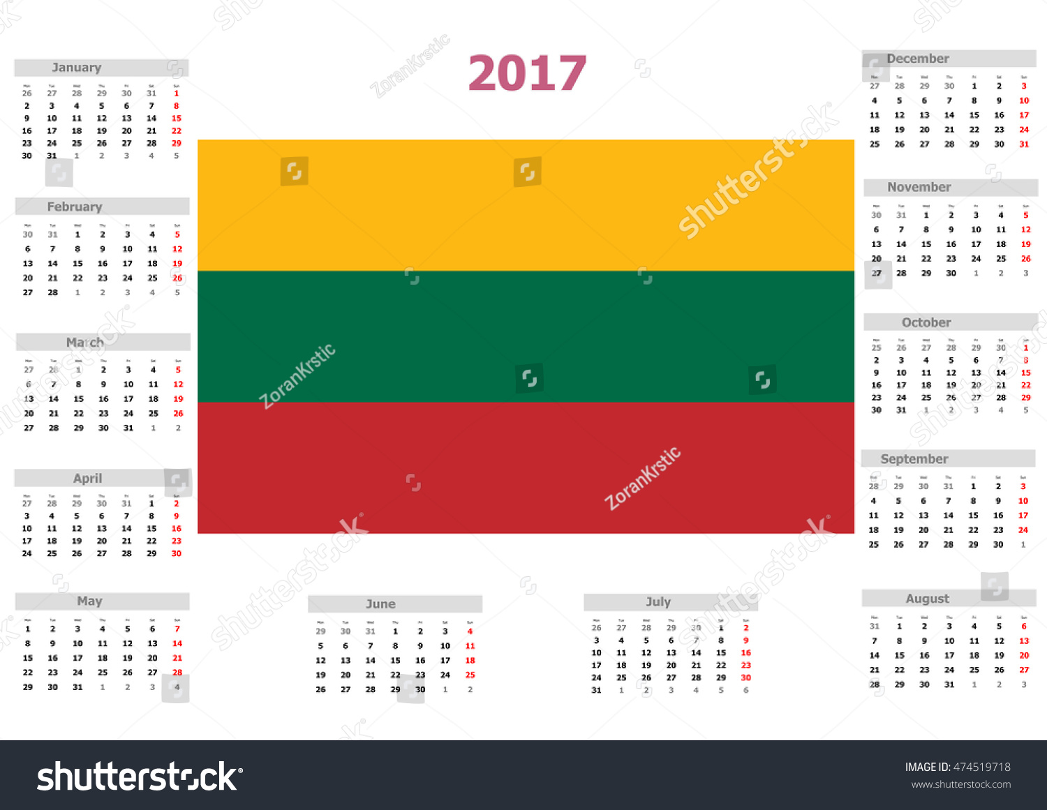 2017 Calendar - Lithuania Country Flag Stock Photo 474519718 : Shutterstock
