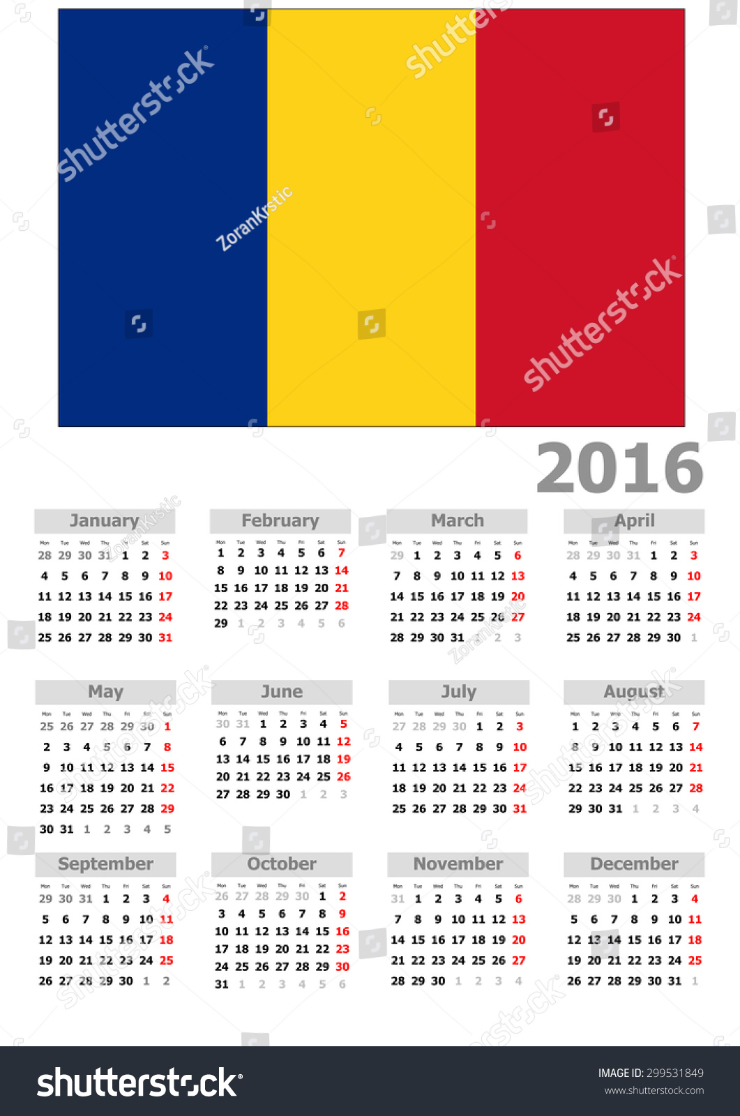 2016 Calendar - Romania Country Flag Stock Photo 299531849 : Shutterstock