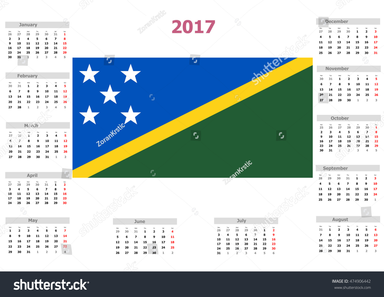2017 Calendar Solomon Islands Country Flag Stock Illustration 474906442