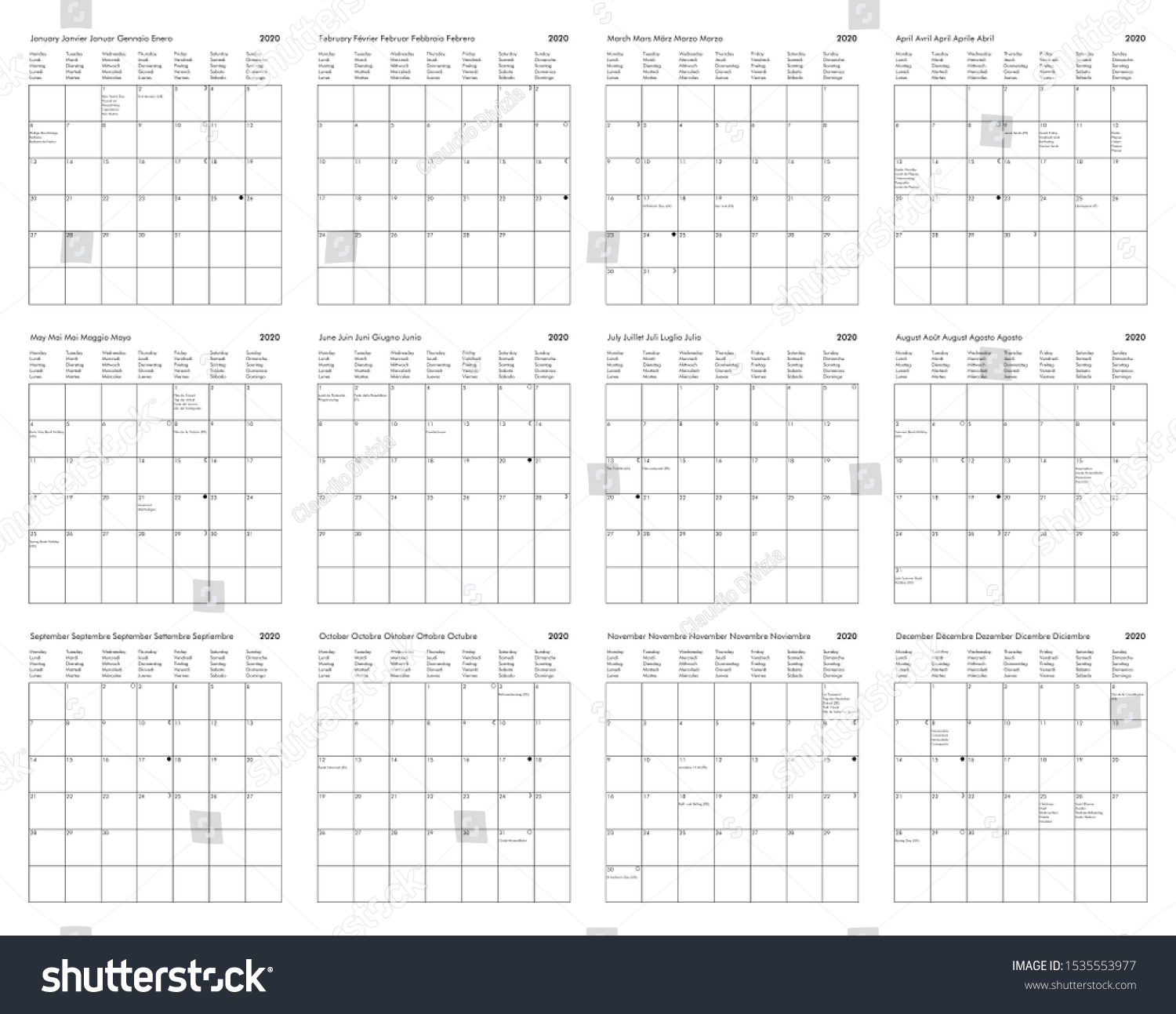 2020 Calendar Public Holidays Bank Holidays 库存插图 1535553977 Shutterstock