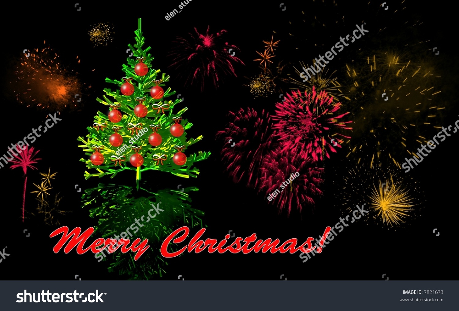 Christmas Card With Christmas Tree And Fireworks Christmas Card With Christmas Tree And Fireworks