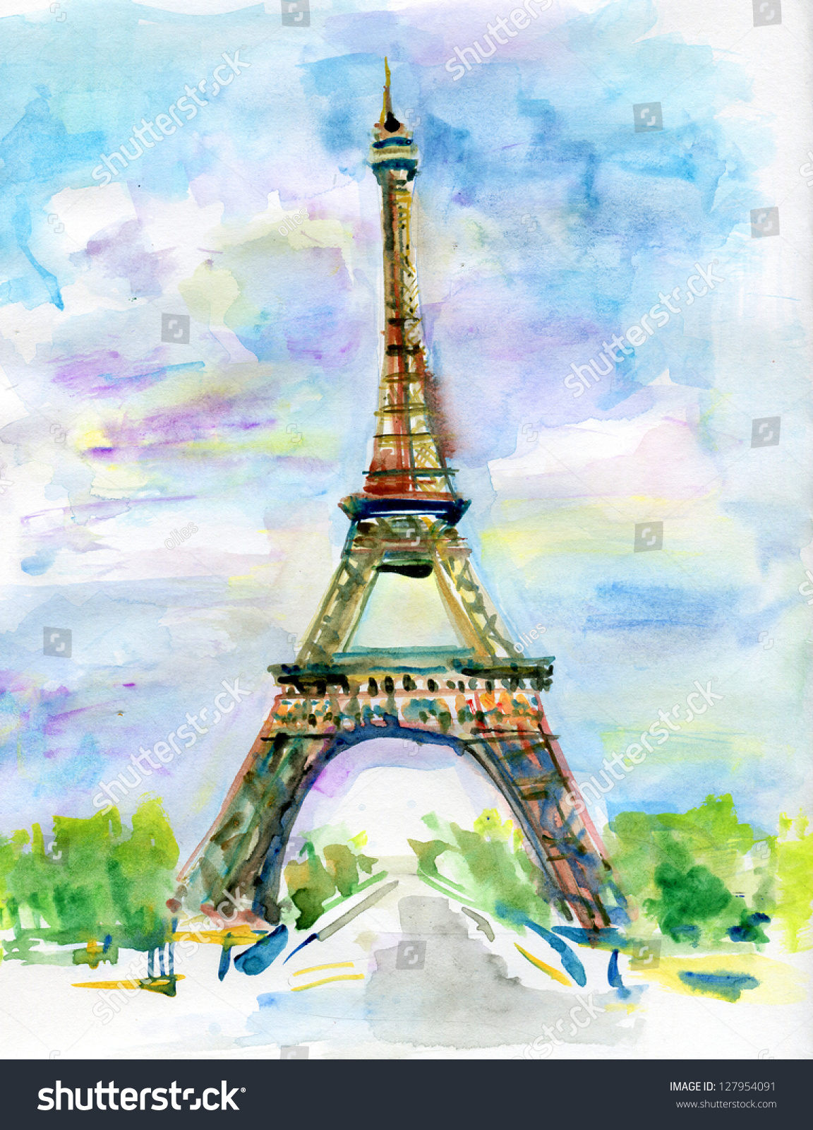 City Paris Watercolor Painting Eiffel Tower Stock Illustration 127954091