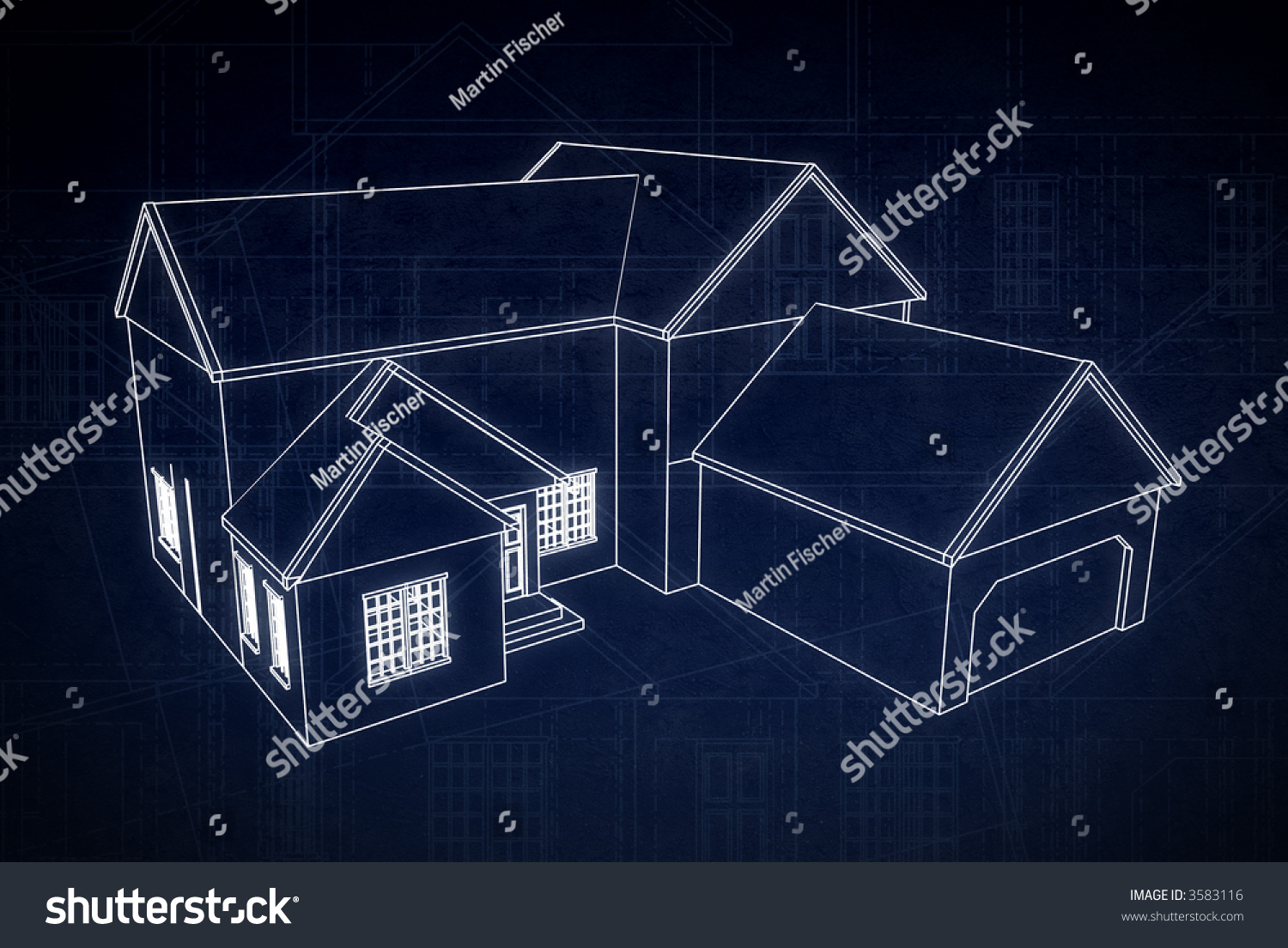 3d Blue Print Style Rendered House On Dark Grungy Floor Plan Schematics ...