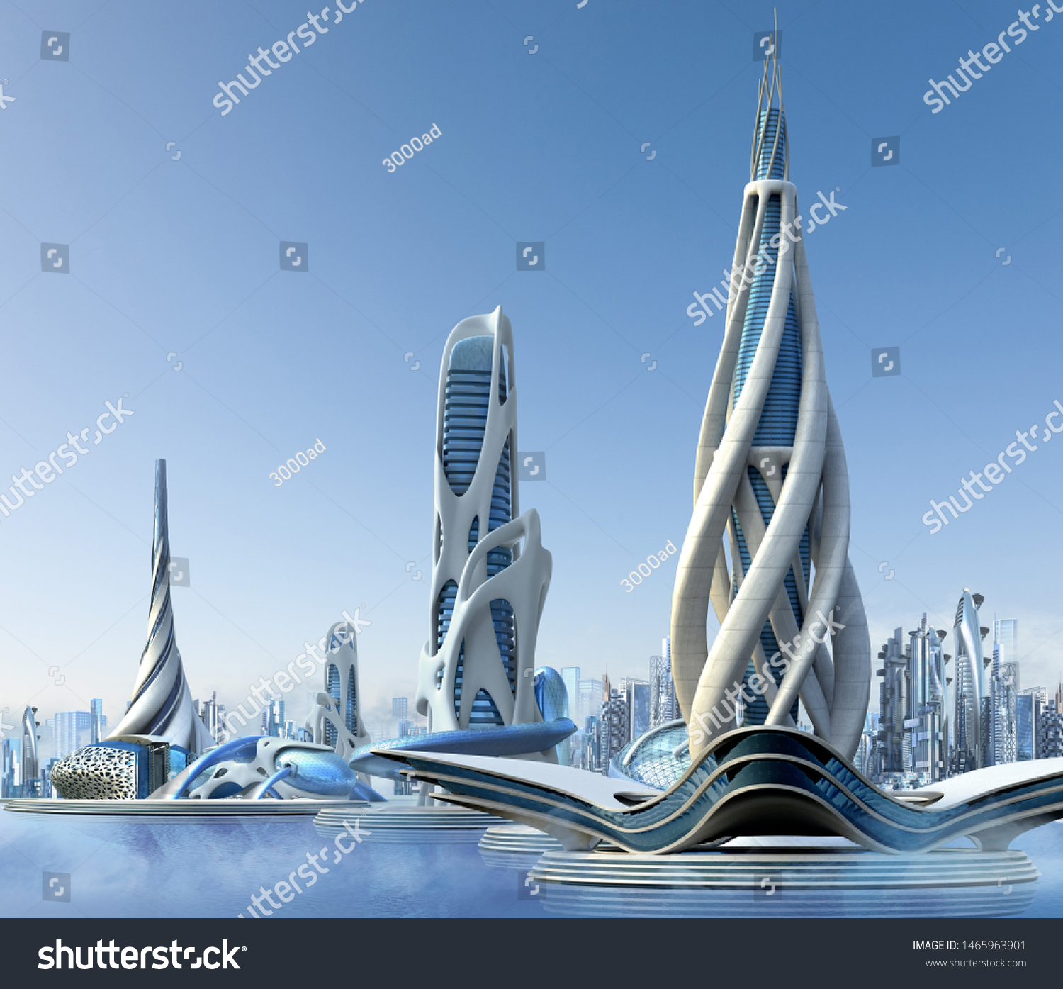 3d未来的な都市で マリーナの天窓と有機的な高層建築があり ファンタジーやsfのイラストが見られます のイラスト素材