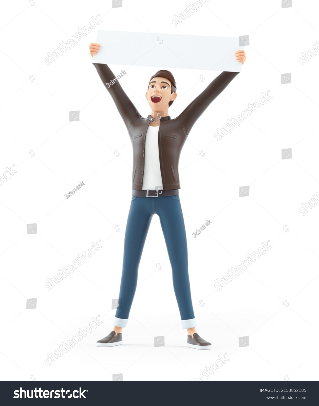 3d Happy Cartoon Man Raising Placard Stock Illustration 2153852185