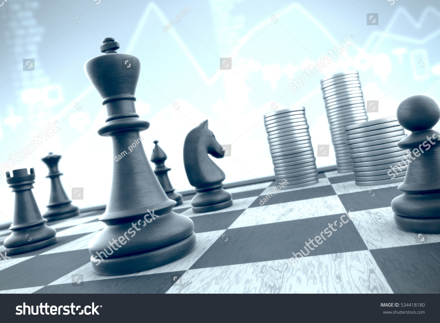 3dイラスト 青の財務データ背景にお金の山をキャプチャするチェスの戦略 のイラスト素材 Shutterstock