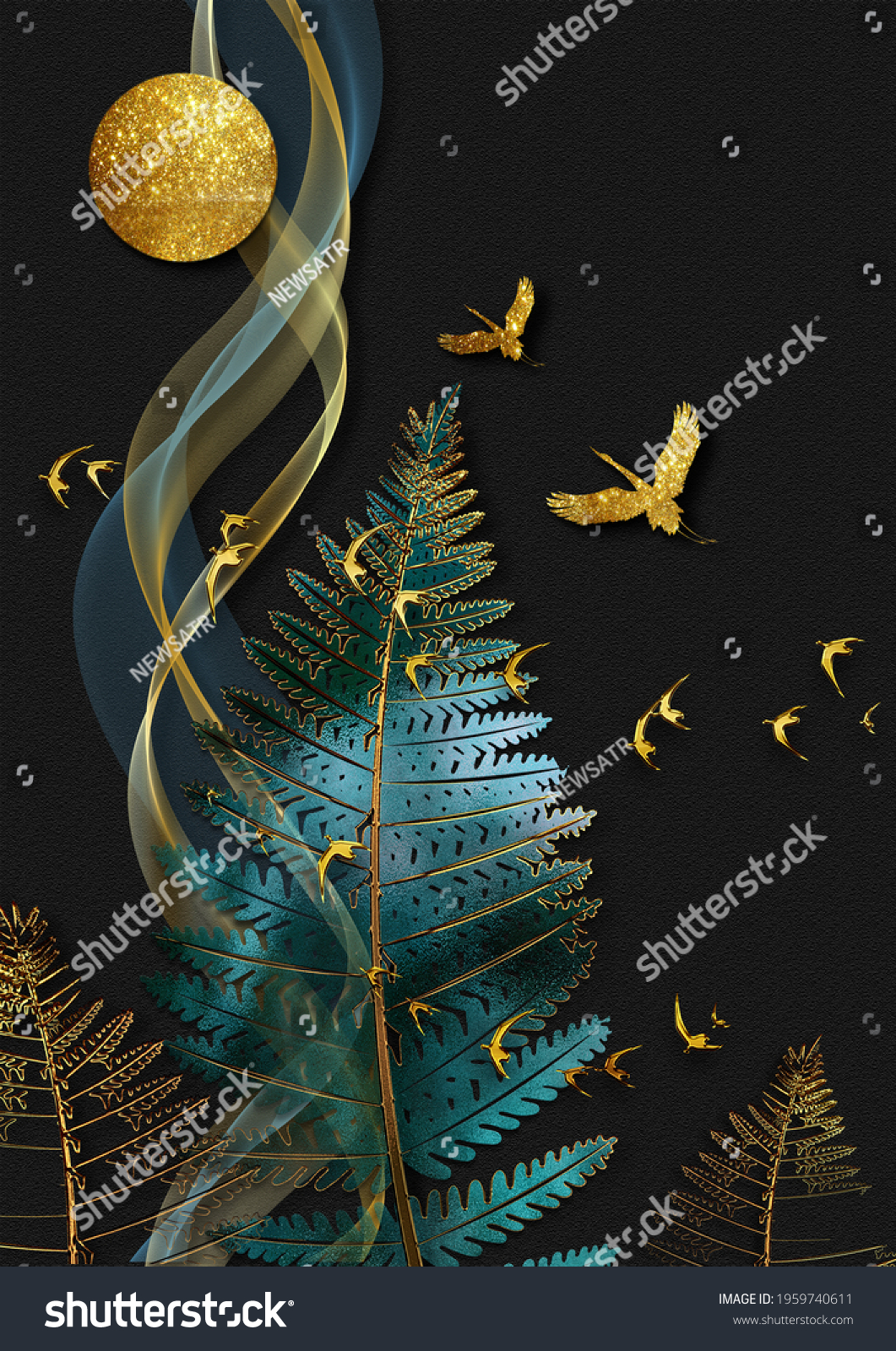 3d illustration of leaves, flock of birds and the moon