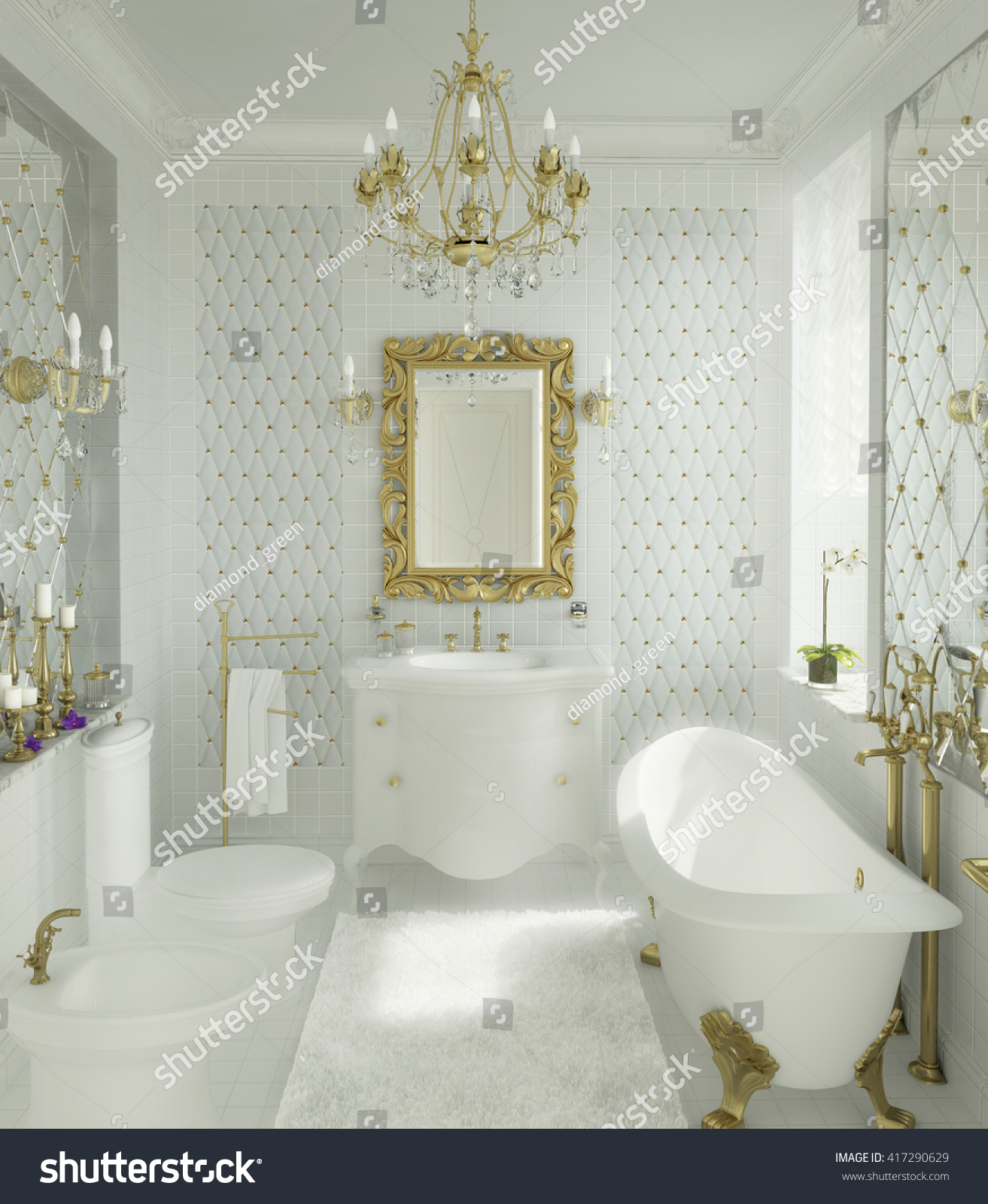 3d Illustration Luxury Bathroom White Gold Stock Illustration