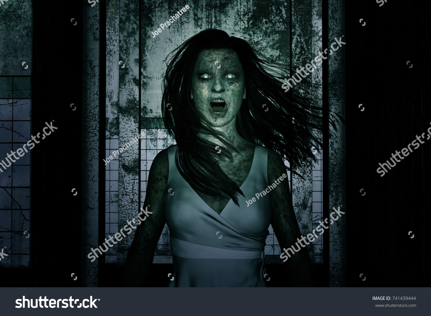 お化け屋敷の中に怖い幽霊女の3dイラスト ホラー背景 ミックスメディア のイラスト素材