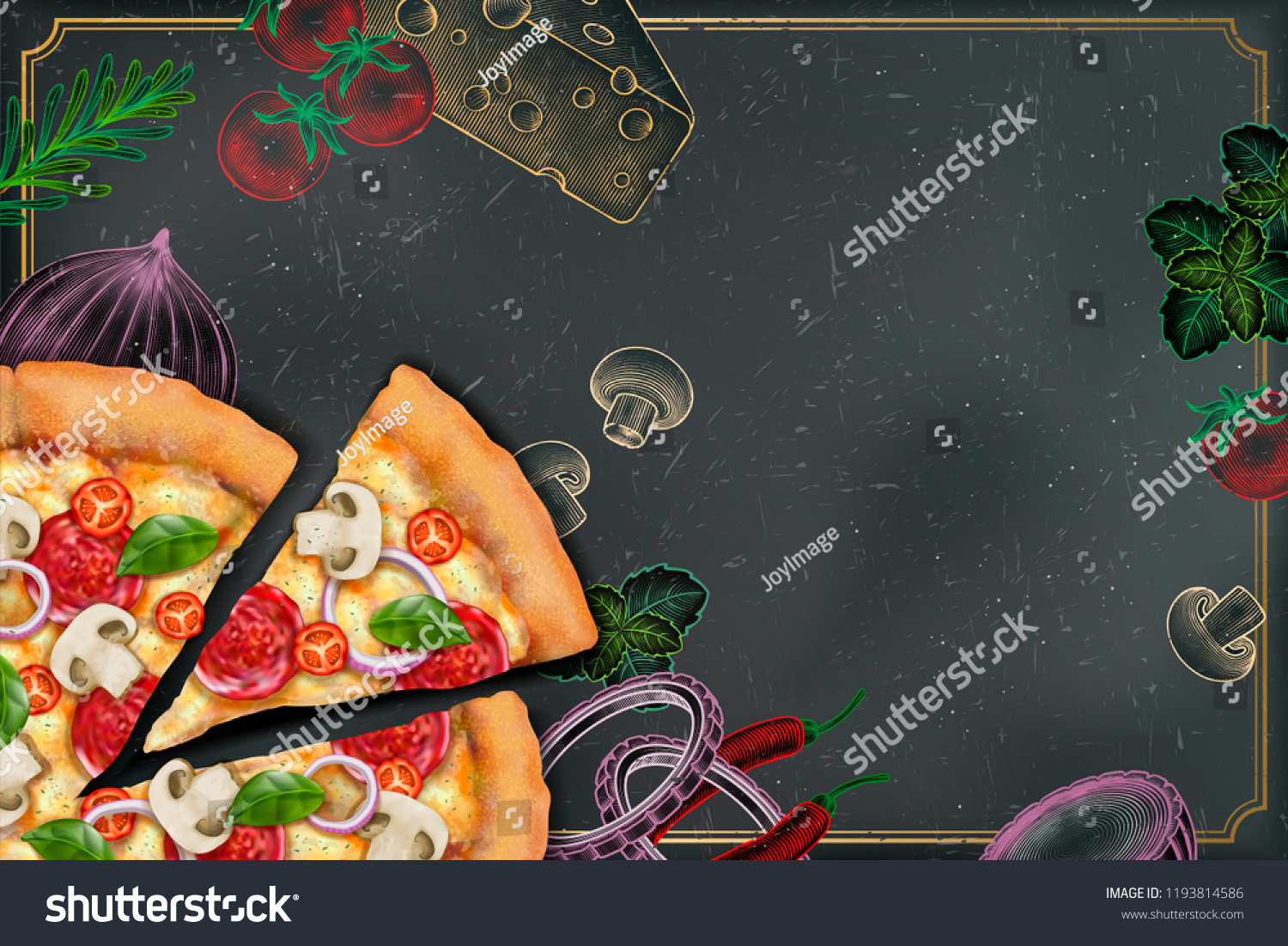 彫刻スタイルのチョーク落書き風背景に3dイラストのおいしいピザと豊富なトッピング スローガン用のコピースペース のイラスト素材