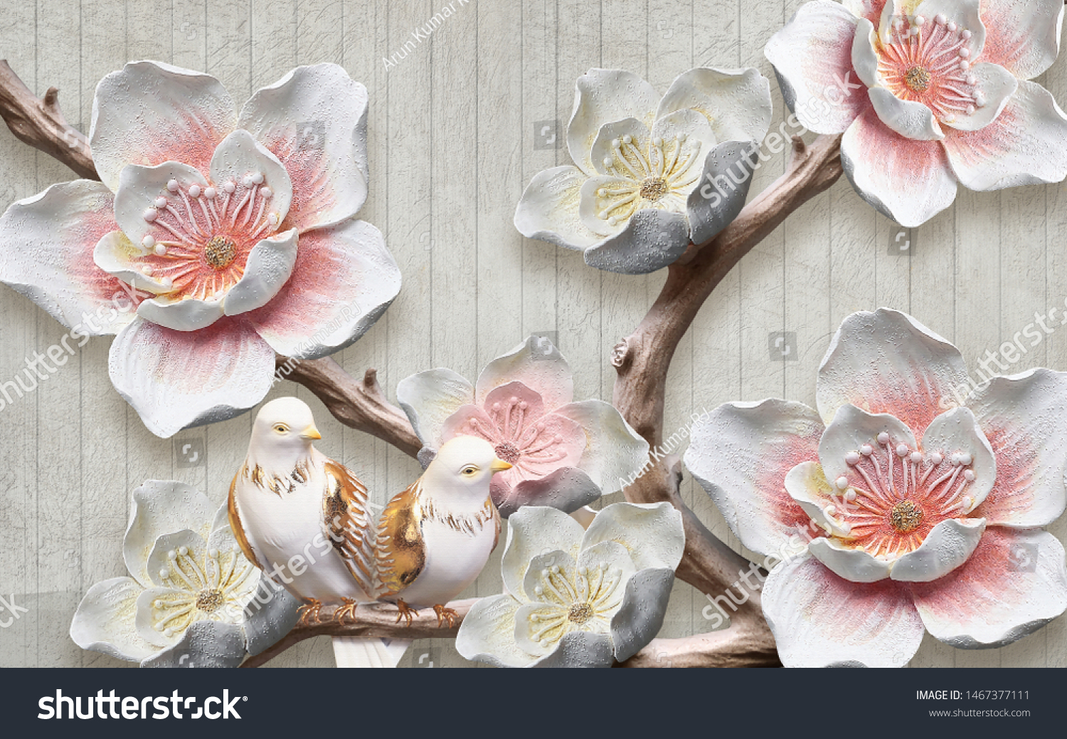 3d illustration, white and pink flowers mural wallpaper