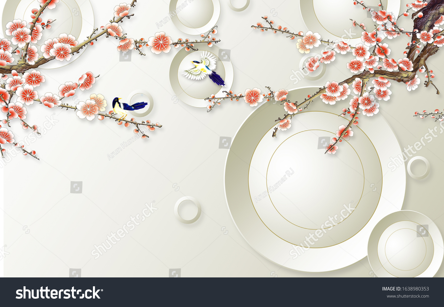 3D red Flowers and Flying Birds with white circle Wallpaper Mural