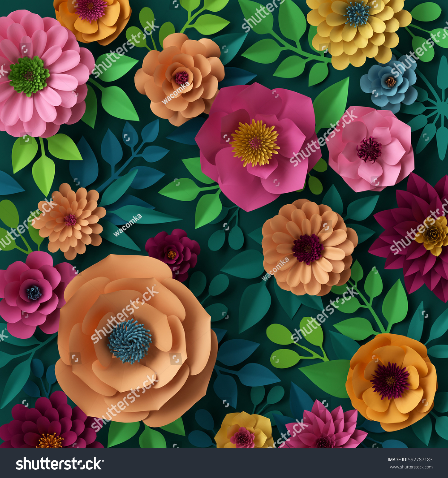 3dレンダリング デジタルイラスト カラフルな紙の花の壁紙 春の夏の背景 のイラスト素材