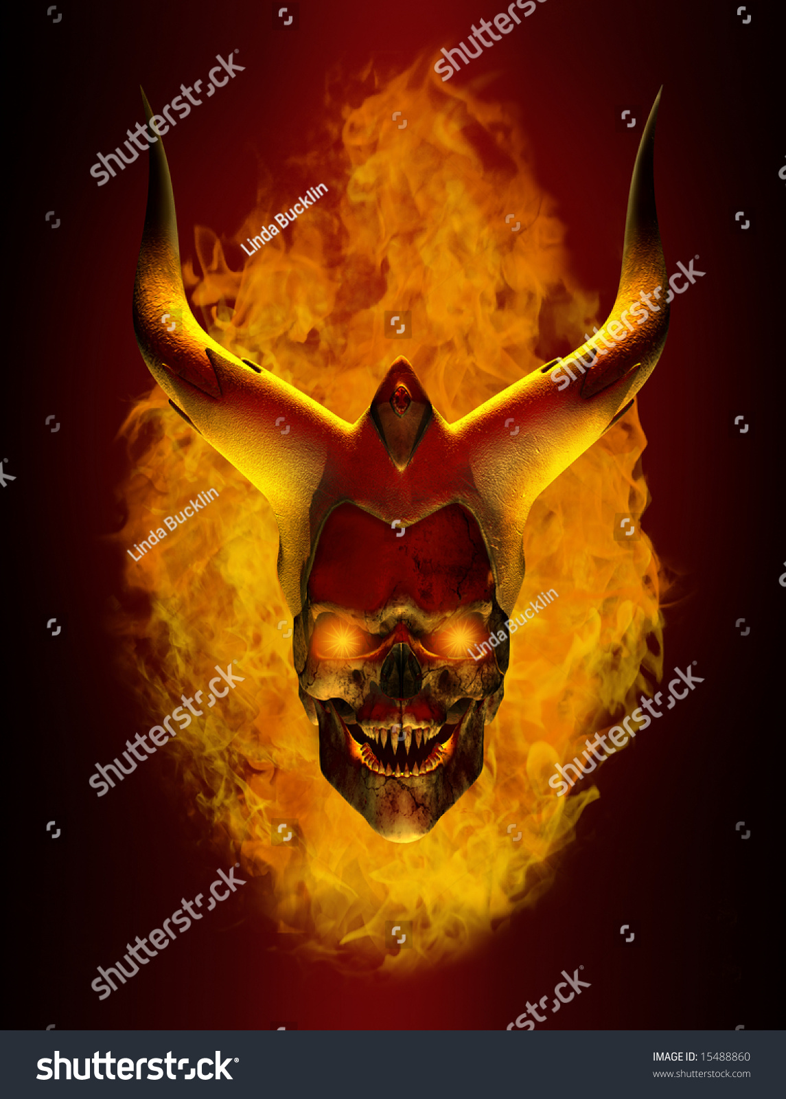 3d Render Of A Flaming Demon Skull With Horns. Stock Photo 15488860 ...